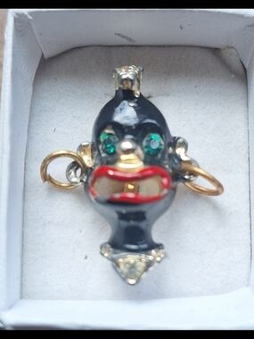 Black Enamel and Gold Tone Novelty Pendant with Red Lips and Green Stone Eyes